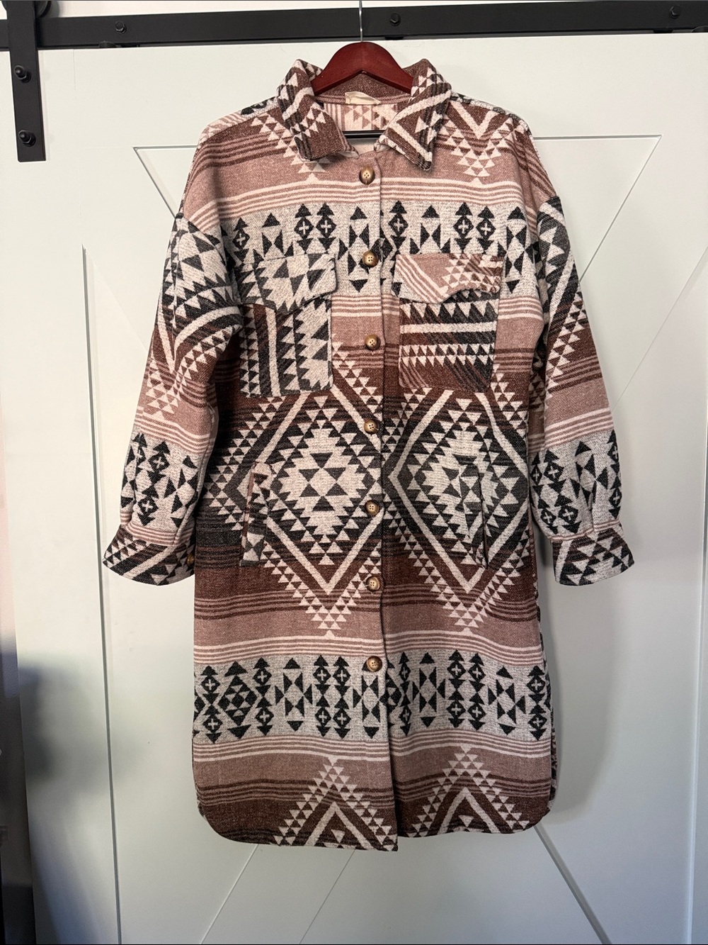 Aztec-Pattern Long Shacket in Brown & Cream